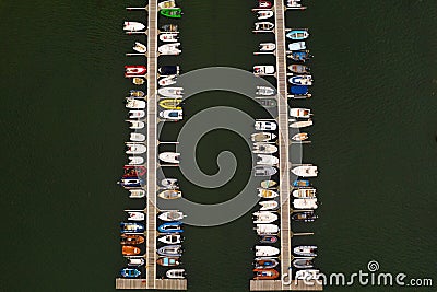 Aerial view of Jetty full of boats and dinghy Stock Photo