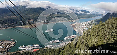 Aerial view of the Juneau with cruise ship dock as seen from the Mount Roberts Tramway, Alaska USA Stock Photo