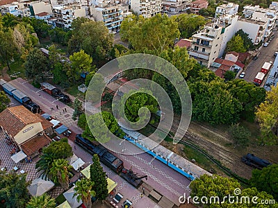 Aerial view of Kalamata Municipal Railway Park. The only open air museum of its kind in Greece and popular among all railway Stock Photo