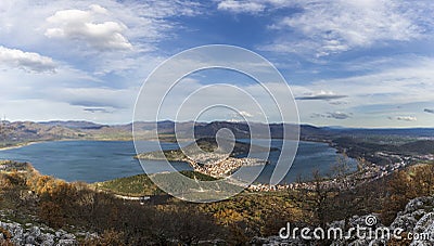 Aerial view of Kastoria city and Orestiada lake Stock Photo