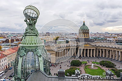 Aerial view of Kazan Cathedral in clear autumn day, a copper dome, gold cross, colomns, Nevsky prospect, Zinger`s Building, Stock Photo