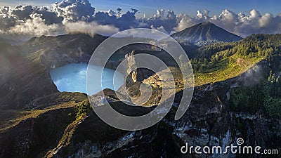 Panoramic Aerial view of Kelimutu volcano and its crater lakes, Indonesia Stock Photo