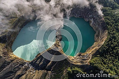 Aerial view of Kelimutu volcano and its crater lakes, Indonesia Stock Photo