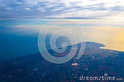 Aerial view Kent coastline and English Channel at sunrise England Stock Photo