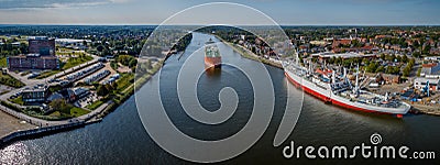 Aerial view of Kiel Canal, port of Rendsburg and camping caravan area. Stock Photo