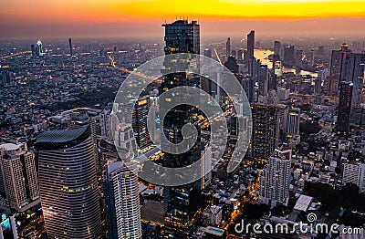 Aerial view of King Power Mahanakhon tower in Sathorn Silom central business district of Bangkok, Thailand Editorial Stock Photo