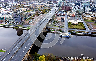 Glasgow, Scotland, UK, November 6th 2022, Aerial view of the Kingston Bridge over the River Clyde and M8, M74 Motorway Editorial Stock Photo