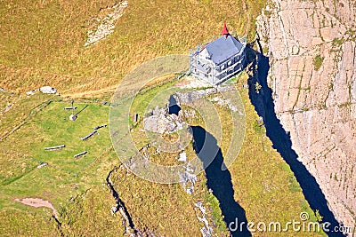 Aerial view of Klimsenkapelle chapel below Pilatus mountain peak Stock Photo