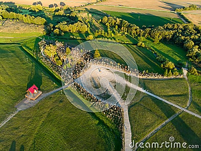 Aerial view of Kryziu kalnas, or the Hill of Crosses, a site of pilgrimage near the city of Å iauliai, in northern Lithuania Stock Photo