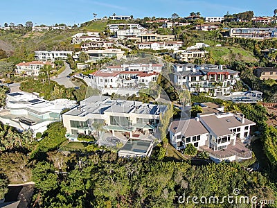 Aerial view of La Jolla little coastline city with nice beautiful wealthy villas with swimming pool Stock Photo