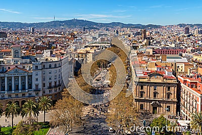 Aerial view of La Rambla street in Barcelona, Catalonia, Spain Editorial Stock Photo