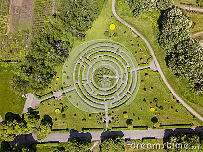 Aerial view of labyrinth, roads and trees at botanical garden Stock Photo