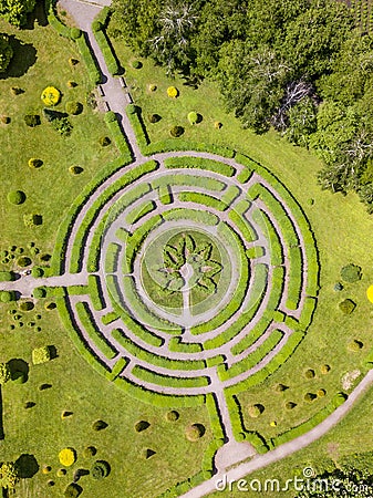 Aerial view of labyrinth and trees at botanical garden Stock Photo