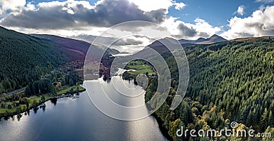 Aerial view of Laggan with swing bridge in the Great Glen above Loch Oich in the scottish highlands - United Kingdom Stock Photo