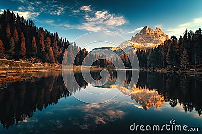 Aerial view of Lago Antorno, Dolomites, Lake mountain landscape Stock Photo