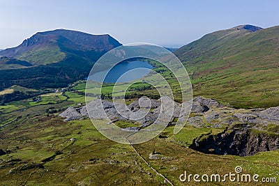 Aerial view of a lake in beautiful mountainous scenery Rhyd Ddu, Snowdonia, Wales Stock Photo