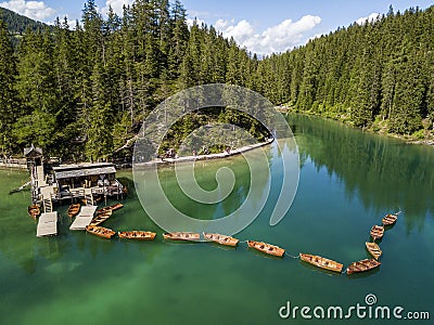 Aerial view of the Lake Braies, Pragser Wildsee is a lake in the Prags Dolomites in South Tyrol, Italy Stock Photo