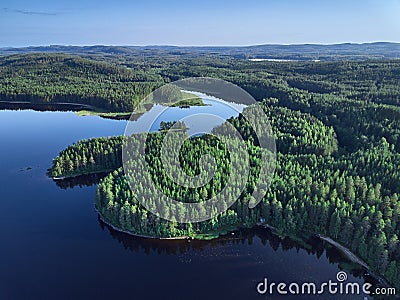 Aerial view of lake, islands, and forest. Stock Photo
