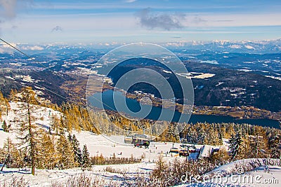 aerial view of the lake ossiach - ossiachersee from the gerlitzen mountain near villach, austria....IMAGE Stock Photo