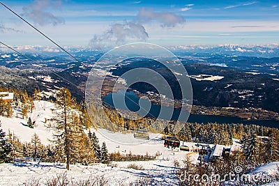 aerial view of the lake ossiach - ossiachersee from the gerlitzen mountain near villach, austria....IMAGE Stock Photo