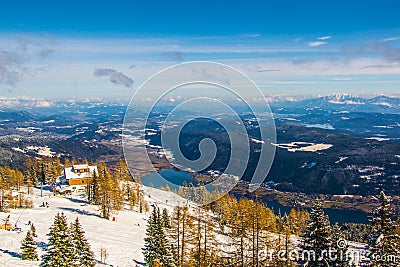 aerial view of the lake ossiach - ossiachersee from the gerlitzen mountain near villach, austria....IMAGE Stock Photo