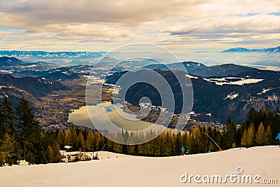 aerial view of the lake ossiach - ossiachersee from the gerlitzen mountain near villach, austria....IMAGE Stock Photo