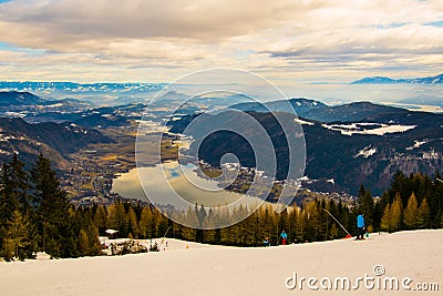 aerial view of the lake ossiach - ossiachersee from the gerlitzen mountain near villach, austria....IMAGE Stock Photo