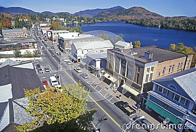 Aerial view of Lake Placid, NY downtown with Adirondack Mountains Editorial Stock Photo