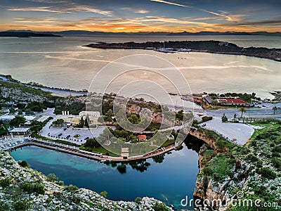 Aerial view from Lake Vouliagmeni during sunset Stock Photo