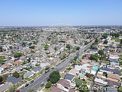 Aerial view of Lakewood middle class neighborhood, city in Los Angeles County, California Stock Photo
