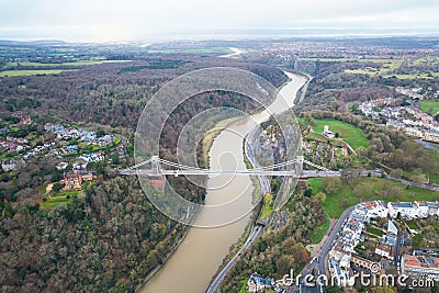 Aerial view of the landmark of Bristol, Clifton Suspension Bridge and Clifton Observatory Stock Photo