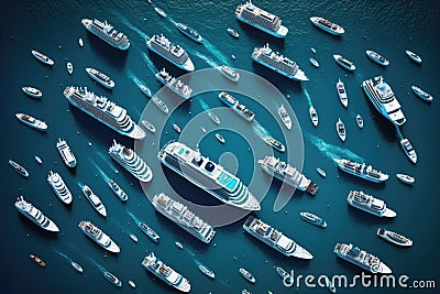 Aerial view of large group of Cruise Ships Sailing On Sea. Generative AI Stock Photo