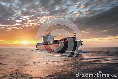 Aerial view of a large, heavy loaded container cargo ship at sunset Stock Photo