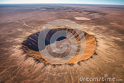 aerial view of a large meteor crater surrounded by scorched earth Stock Photo