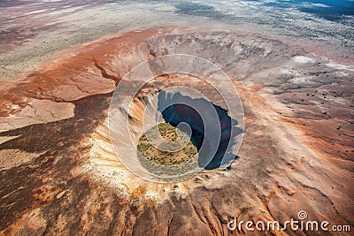 aerial view of a large meteor crater surrounded by scorched earth Stock Photo