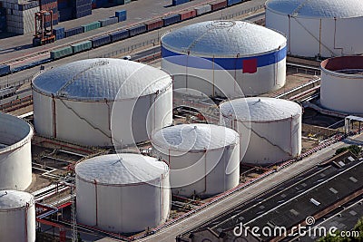 Aerial view of large oil tanks Stock Photo