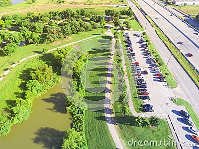 Top view park entrance car parking near freeway in Houston, Texas, USA Stock Photo