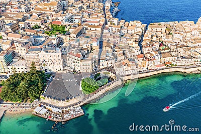 Aerial view of the Large square and source Arethusa in Ortigia, Syracuse Sicily Stock Photo