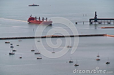 Aerial view of large tanker ship enter Port of Townsville Queensland Australia Editorial Stock Photo