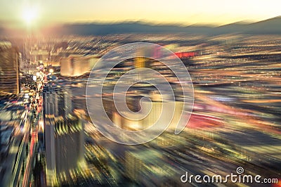 Aerial view of Las Vegas skyline at sunset - Blurred city lights Stock Photo