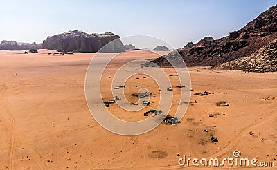 Aerial view of the Lawrence spring in the Jordanian desert near Wadi Rum Stock Photo