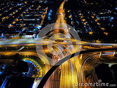 Aerial view of light trails on long highways leading to Petaling Jaya in Malaysia, long exposure Editorial Stock Photo