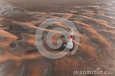 Aerial view of Lighthouse el Far del Fangar on Delta de l'ebre natural park, tarragona, Catalonia, Spain Stock Photo