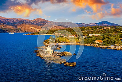 Aerial view of Lighthouse of Saint Theodore in Lassi, Argostoli, Kefalonia island in Greece. Saint Theodore lighthouse in Stock Photo