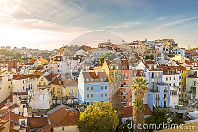 Aerial view of Lisbonne at sunset with colorful traditional houses Stock Photo