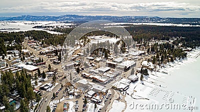 Aerial view of the little community of McCall Idaho with boat do Stock Photo