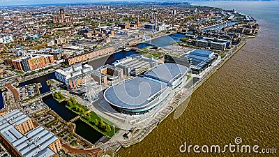 Aerial View of Liverpool City Photo with Docks, Wheel, Modern Buildings Editorial Stock Photo