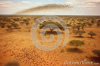 aerial view of locust swarm over african savanna Stock Photo