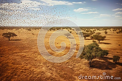 aerial view of locust swarm over african savannah Stock Photo