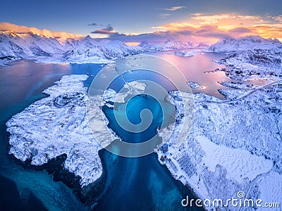 Aerial view of Lofoten islands in winter at sunset in Norway Stock Photo